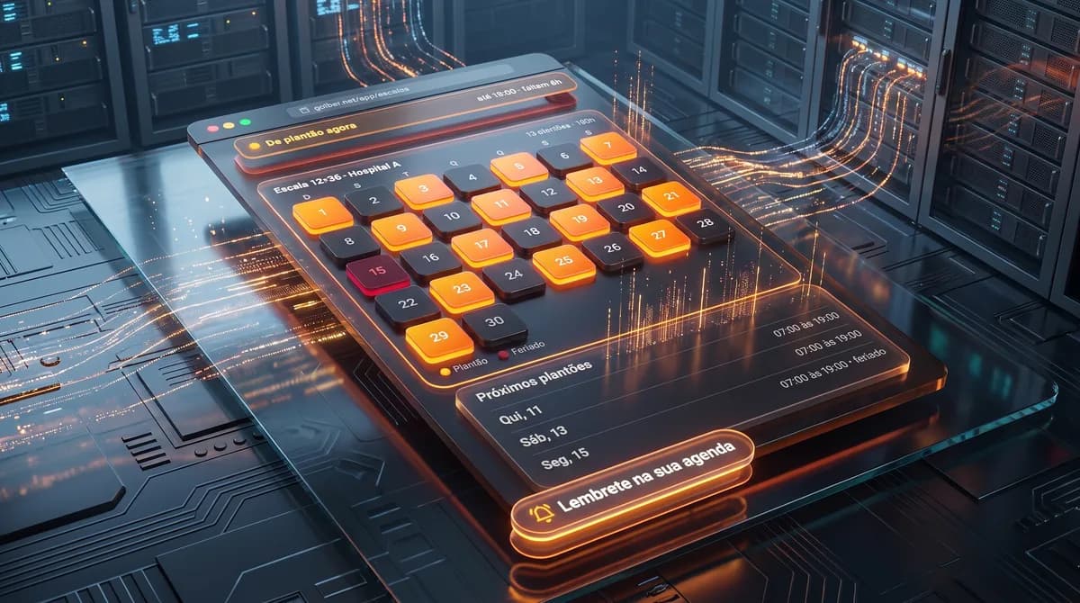 Interface digital de sistema de escalas de trabalho com indicadores de jornada, descanso e conformidade legal brasileira.