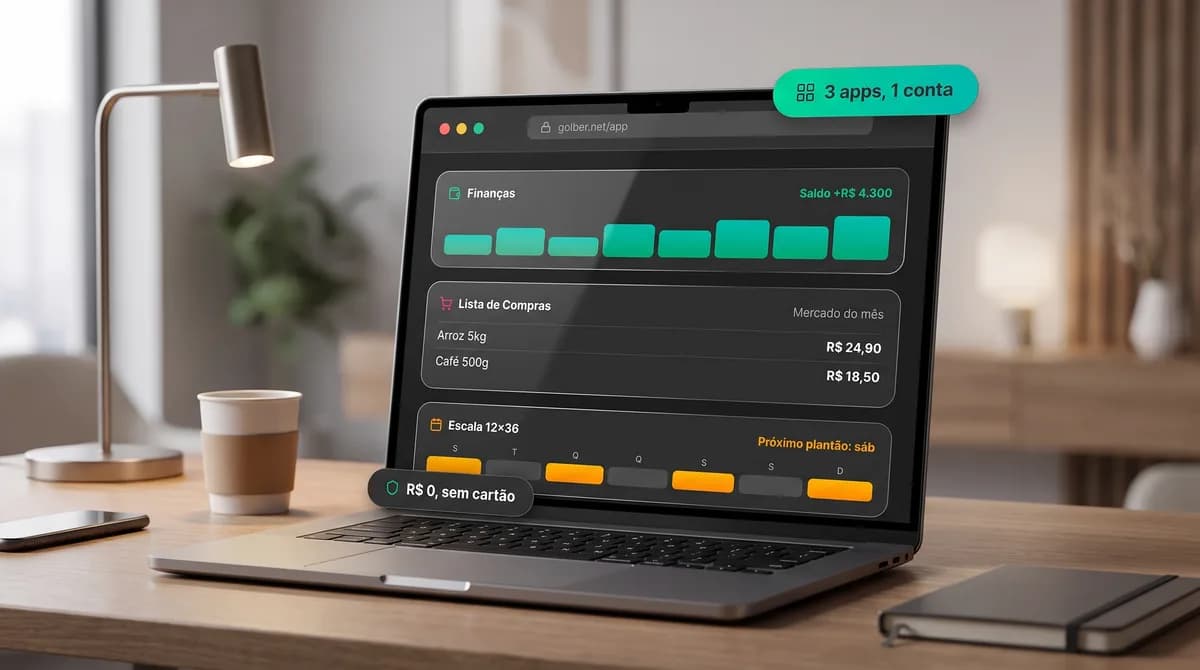 Interface de um software exibindo múltiplos módulos como finanças, listas de compras e escalas de trabalho, com planos de assinatura acessíveis.