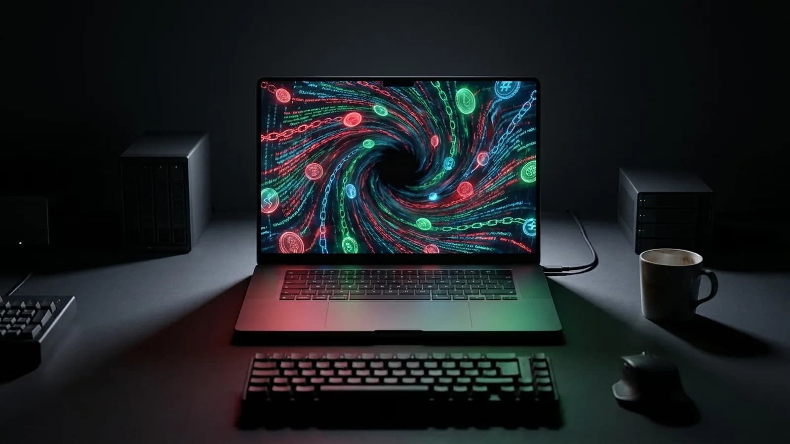 Um notebook de DevOps com código malicioso, representando o hack da Binance que resultou na perda de US$ 6,3 bilhões em criptomoedas.