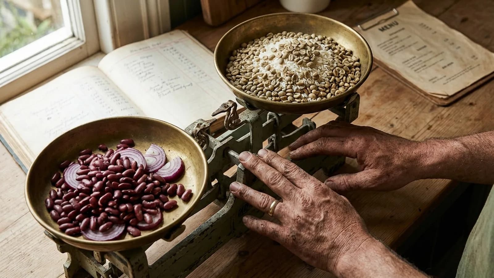 Calculadora, cardápio de restaurante e gráficos indicando o aumento de preços de insumos como feijão e cebola.