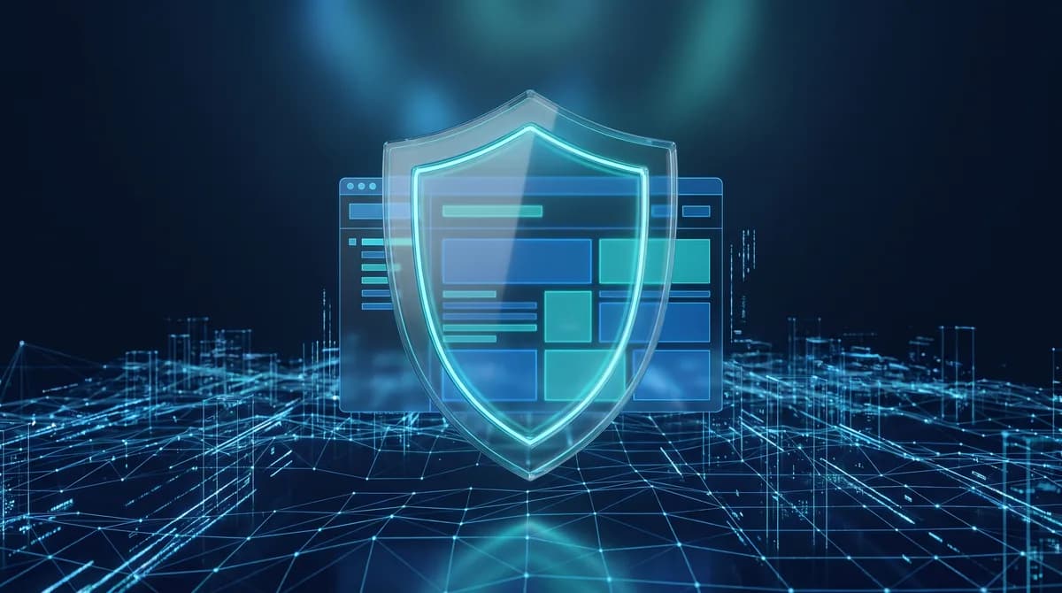 Visão digital de um cadeado com código binário e um escudo, simbolizando segurança cibernética e inteligência artificial, com fundo de dados