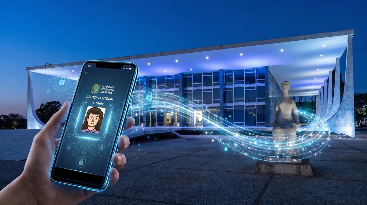 Mão segurando smartphone com o aplicativo e-Título na tela, indicando acesso liberado a sites e apps da Justiça Eleitoral.