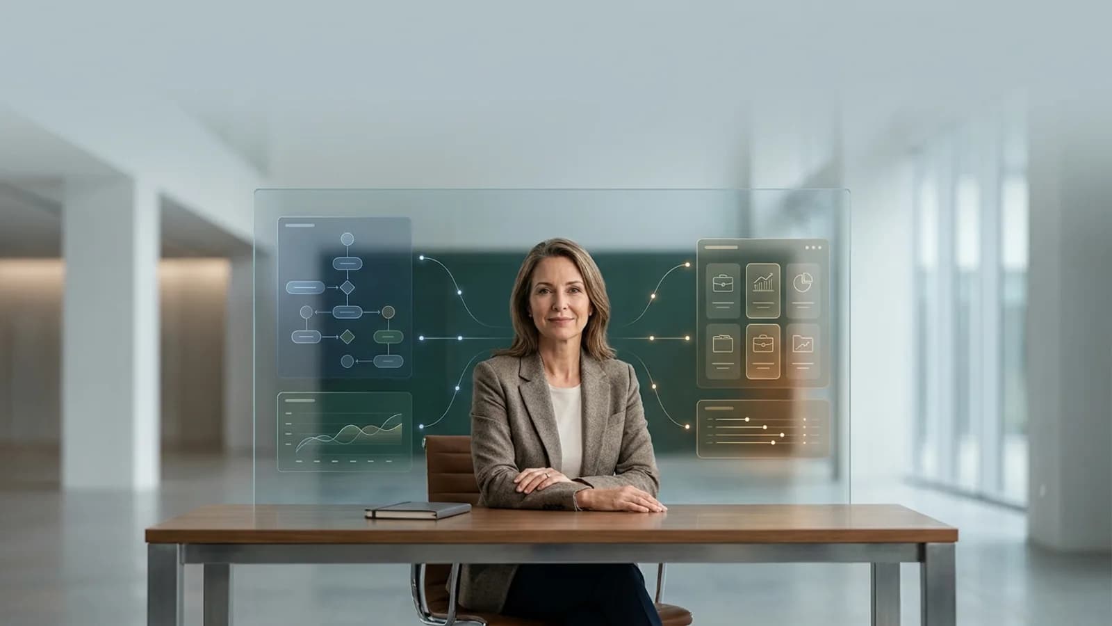 Ilustração de um assessor de investimentos interagindo com gráficos e dados financeiros digitais, simbolizando a integração de inteligência artificial na anális
