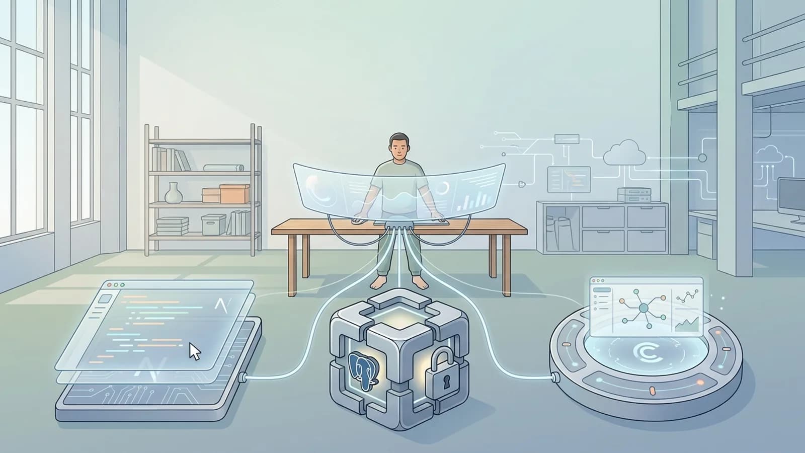 Ilustração de Next.js, PostgreSQL e Coolify como blocos de construção de uma fundação tecnológica sólida para desenvolvedores solo.