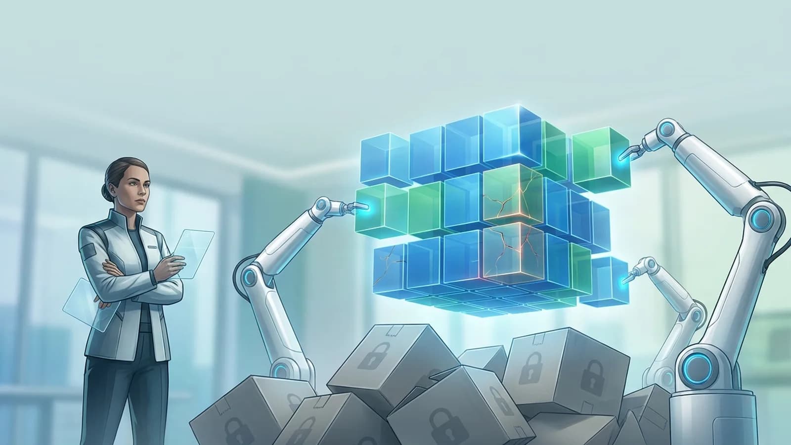 Mão construindo software com blocos digitais, enquanto um símbolo de aluguel é desfeito, representando a era de sistemas próprios via IA.