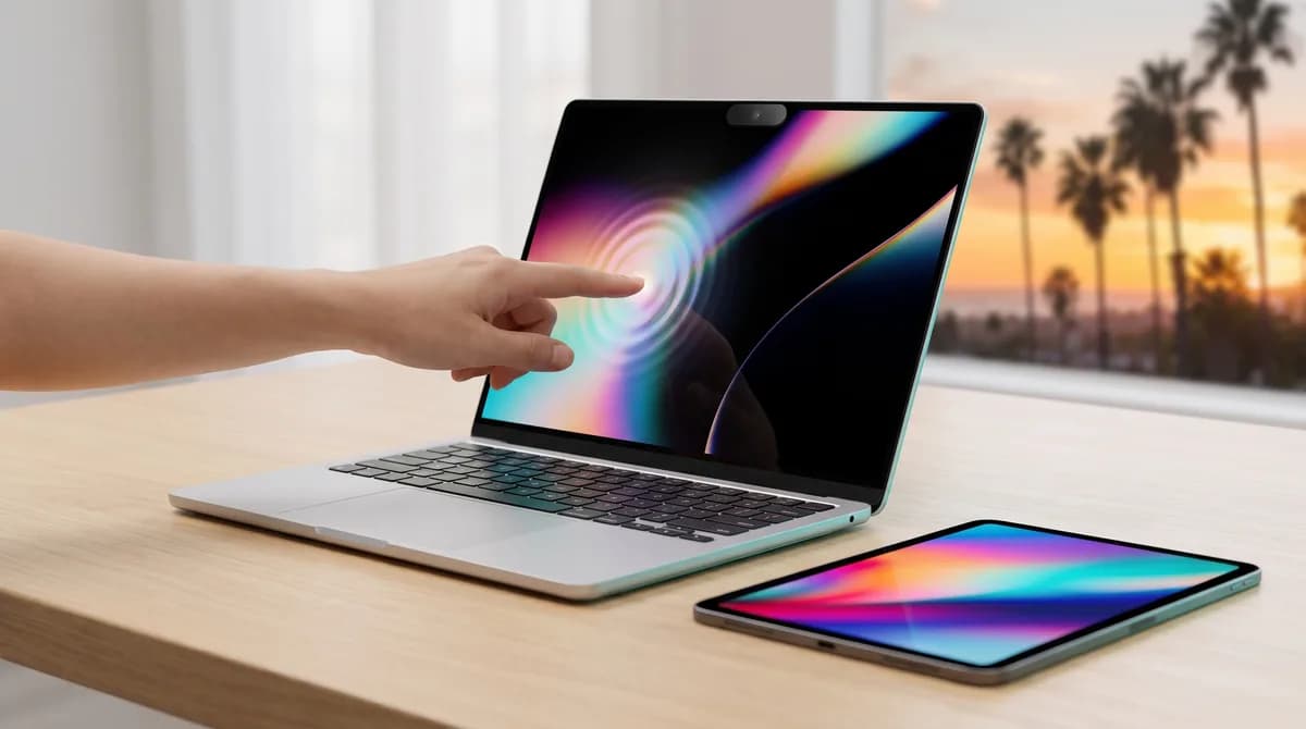 Renderização conceitual de MacBook Pro com tela sensível ao toque e iPad mini OLED, simbolizando o evento Apple 'Pro and tell'.
