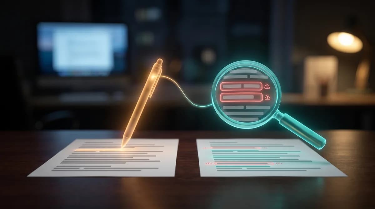 Uma inteligência artificial (IA) revisa ativamente um texto digital gerado por outra IA, procurando e destacando erros de fato e precisão.