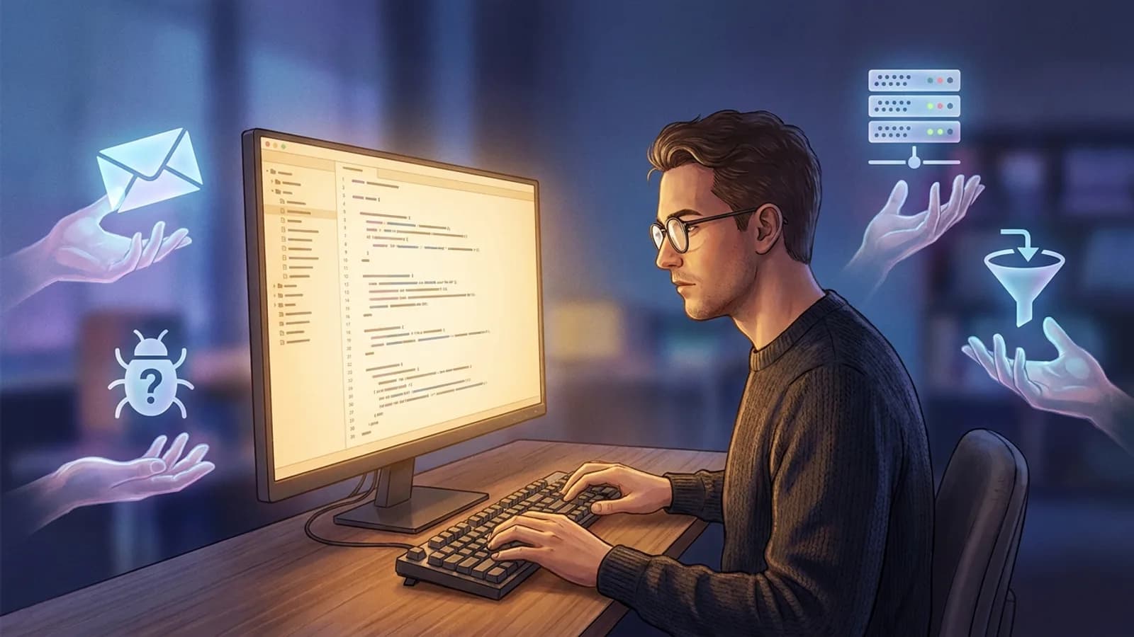 Dev solo exausto com múltiplos monitores, representando a sobrecarga e a armadilha da produtividade ao tentar fazer tudo sozinho.