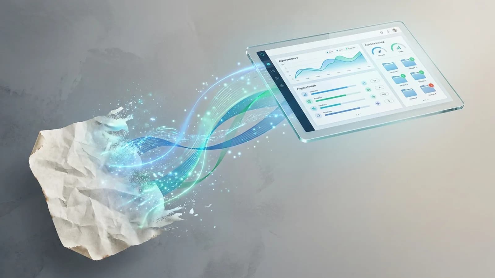 Mãos digitando em um teclado de notebook com um tablet e um smartphone próximos, exibindo interfaces de propostas digitais interativas.