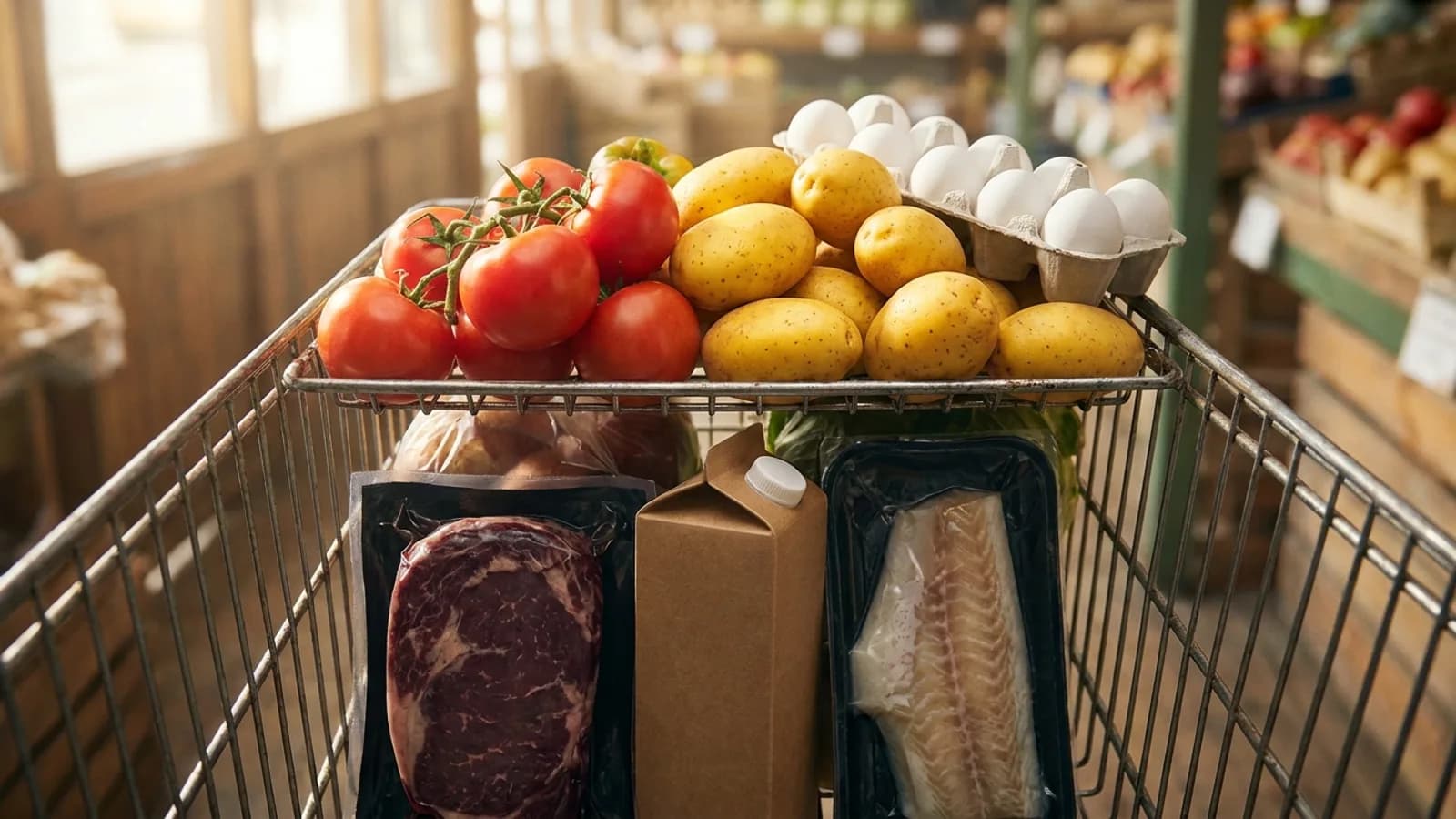 Carrinho de supermercado com tomates e batatas mais baratos ao lado de carnes e leite mais caros, ilustrando a flutuação de preços.