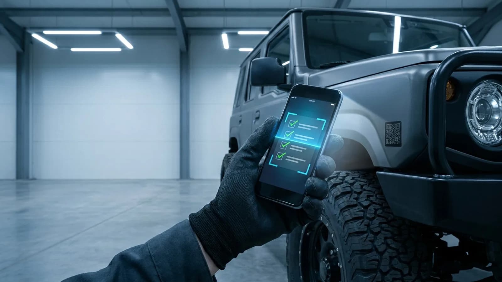 Pessoa usando um tablet ou smartphone para realizar um checklist digital em uma viatura policial estacionada, com foco na interface do aplicativo.
