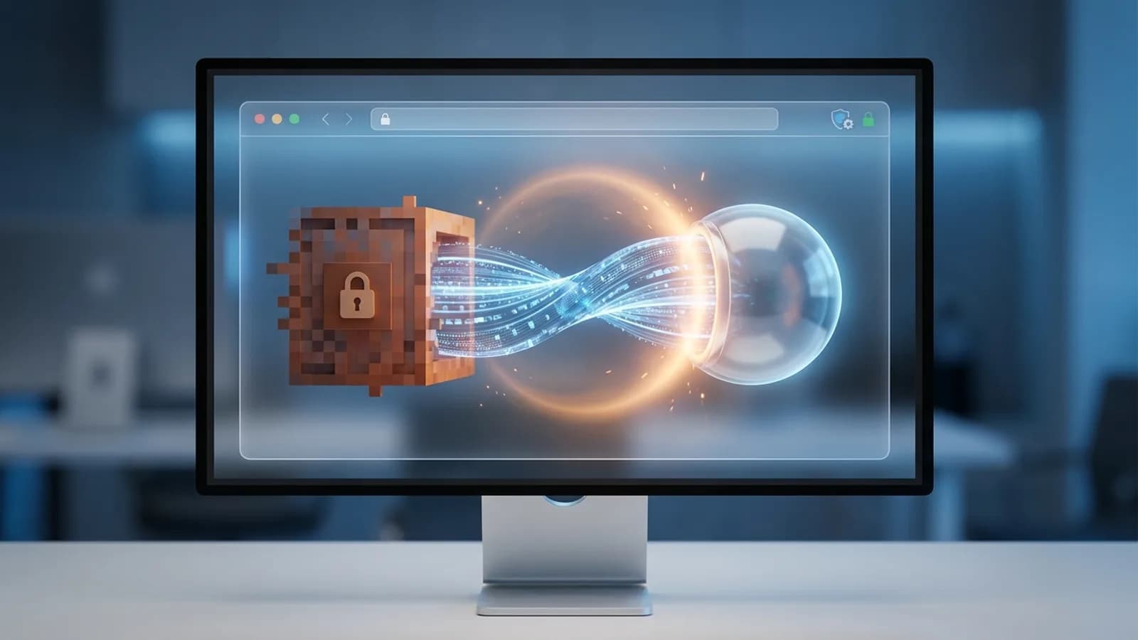 Ilustração de um monitor de computador mostrando ícones de arquivos MKV e WAV sendo convertidos para MP4 e MP3, com setas indicando o processo de transformação