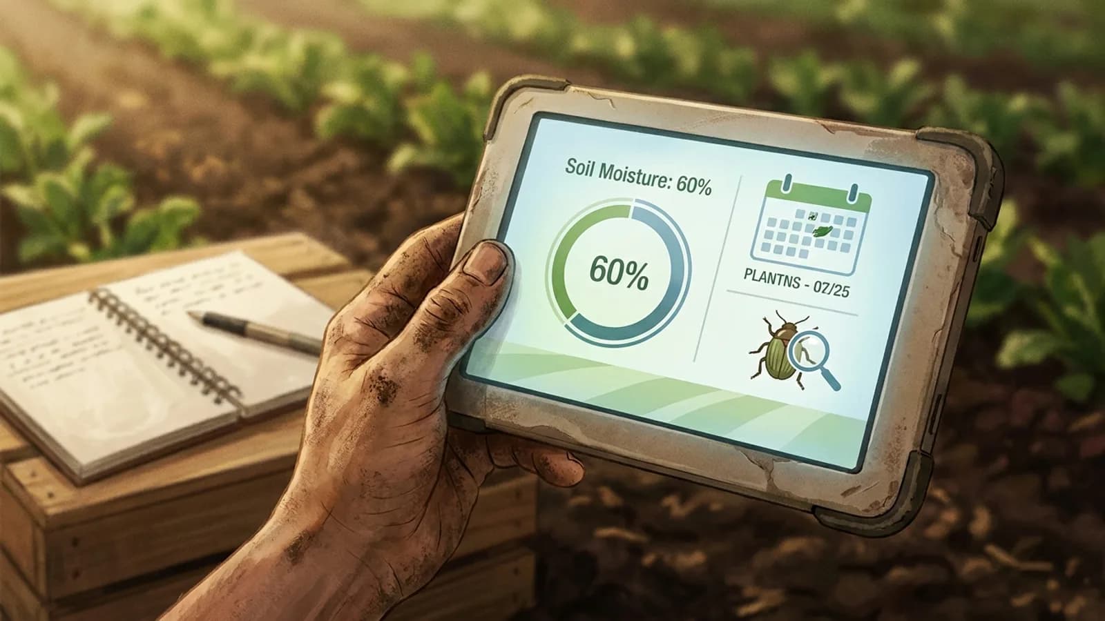 Pequeno produtor rural em meio a uma plantação, usando um tablet simples para registrar dados, contrastando com maquinário agrícola de alta tecnologia ao fundo.