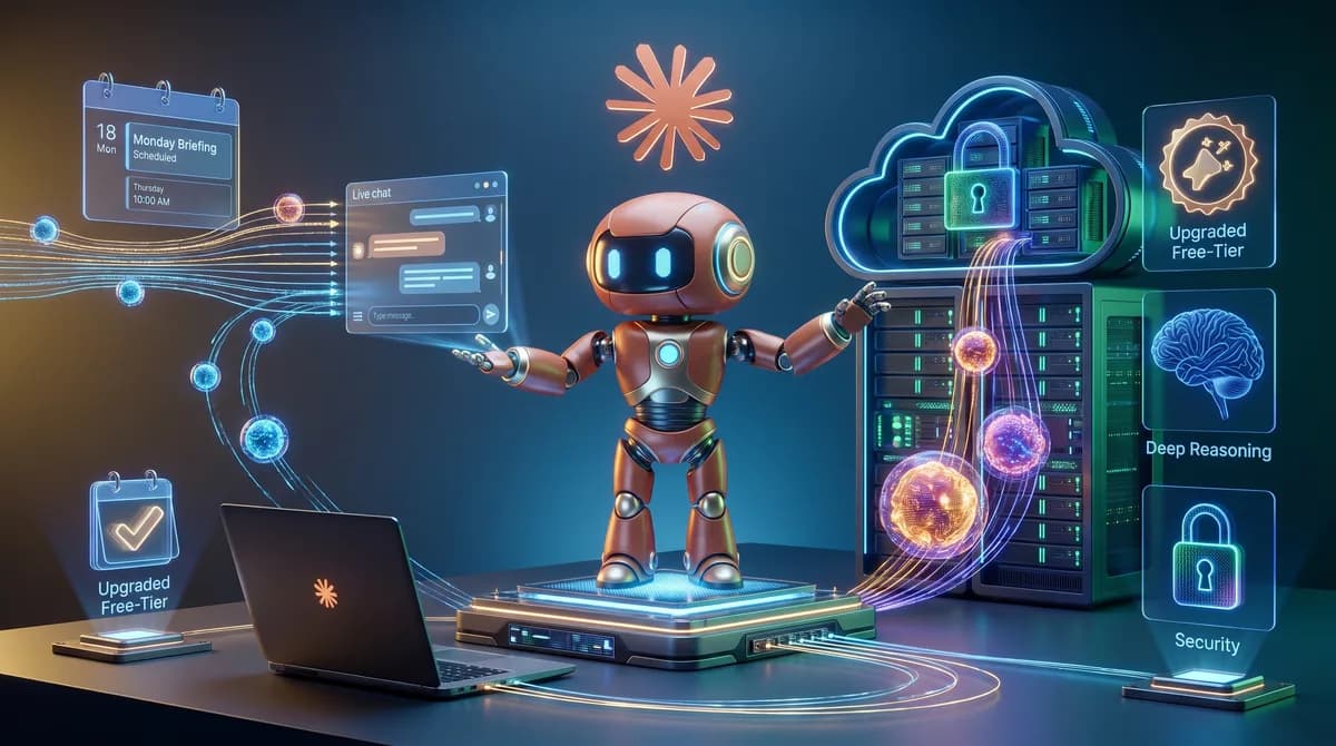 Interface do Claude mostrando a unificação do chat e Cowork, com elementos visuais de tarefas em nuvem e agendamento de produtividade.