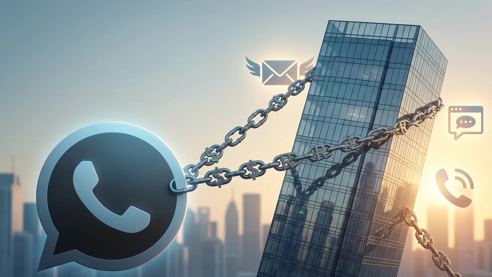 Logo do WhatsApp com ícones de dinheiro e um cadeado, representando o fim da gratuidade e a dependência para empresas no atendimento.