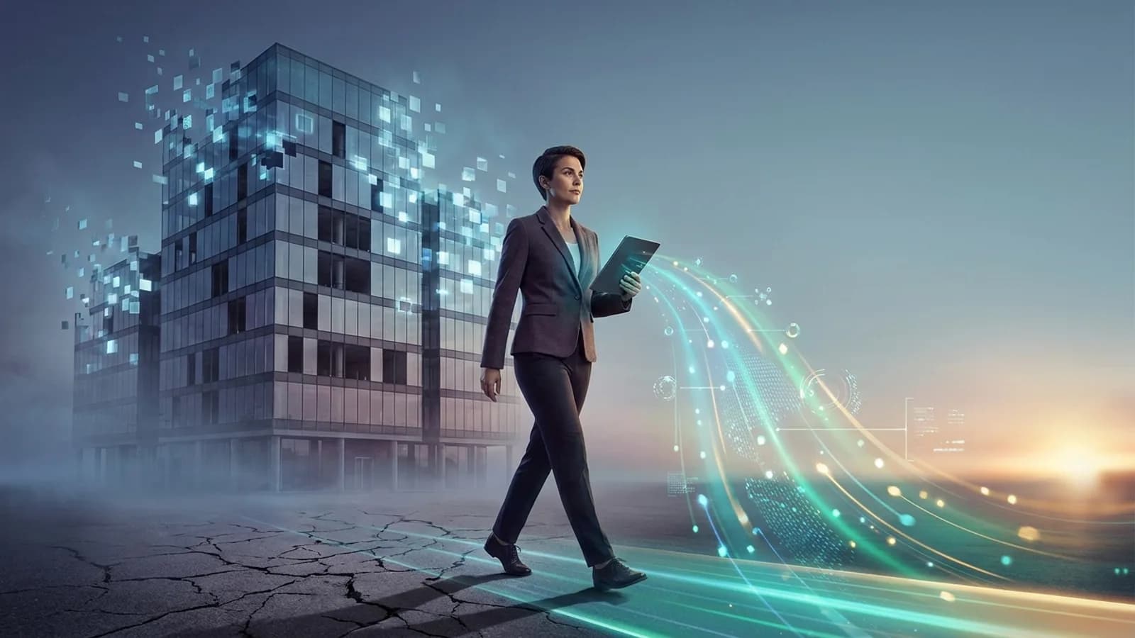 Profissional migrando de um emprego formal para o empreendedorismo, simbolizando a alavancagem da inteligência artificial na criação de novos negócios.