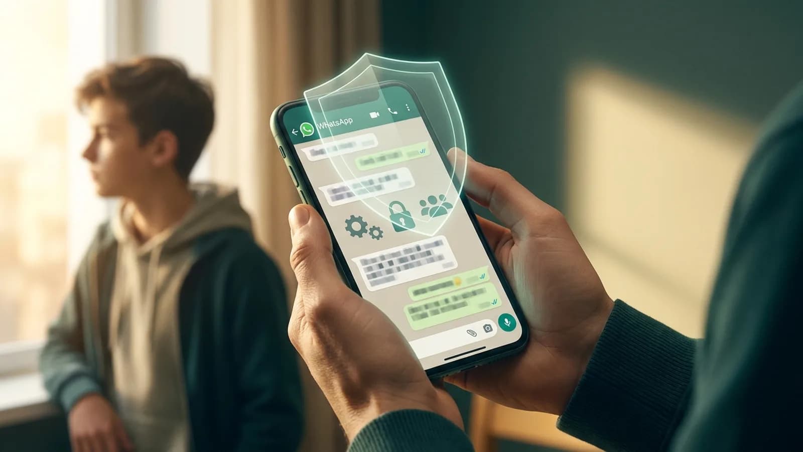 Smartphone exibindo o WhatsApp com ícone de cadeado e dois bonecos, simbolizando controle parental e proteção digital.