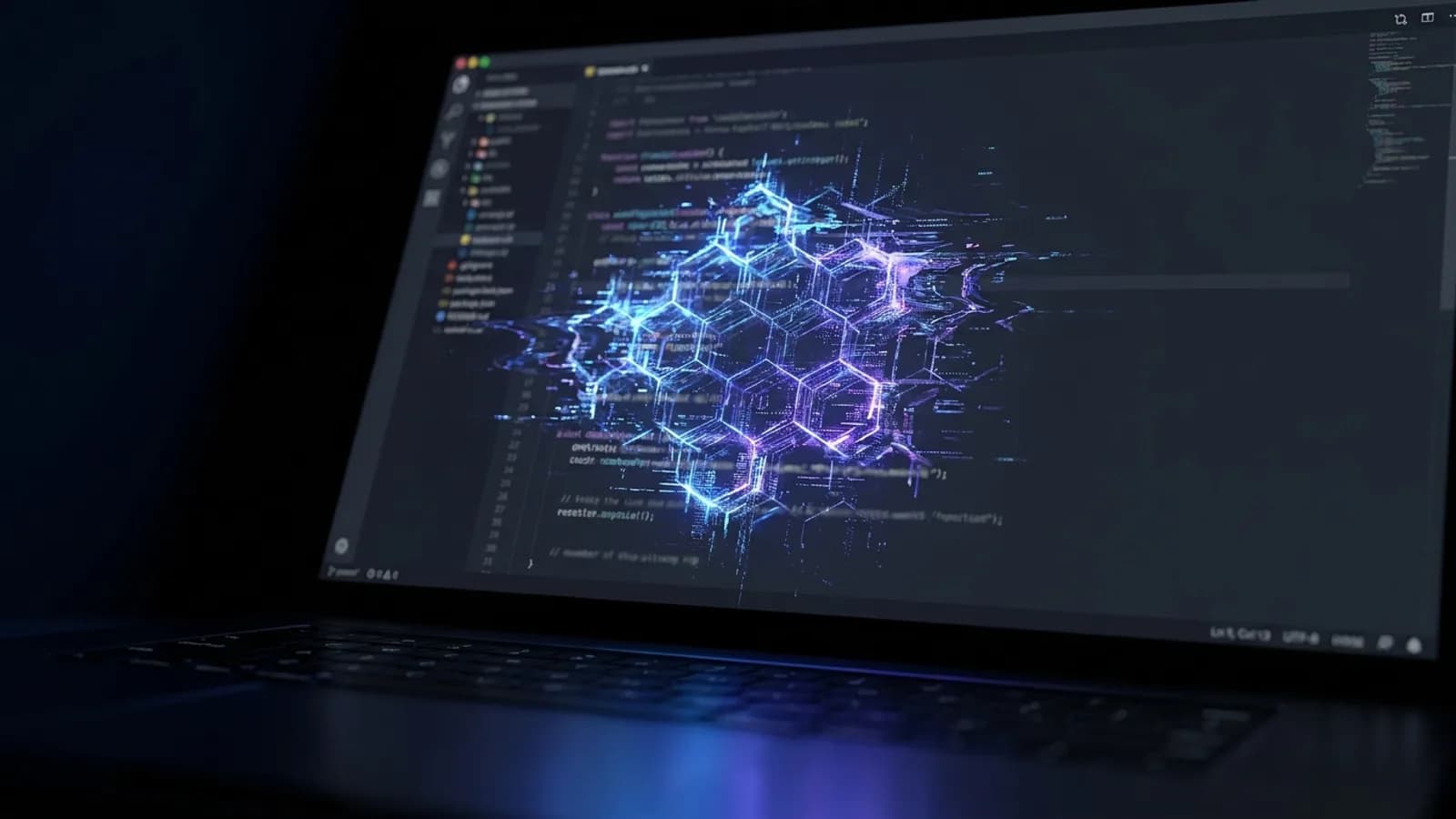 Gráfico futurista com elementos de tecnologia e códigos, representando vazamento de informações e inteligência artificial avançada.