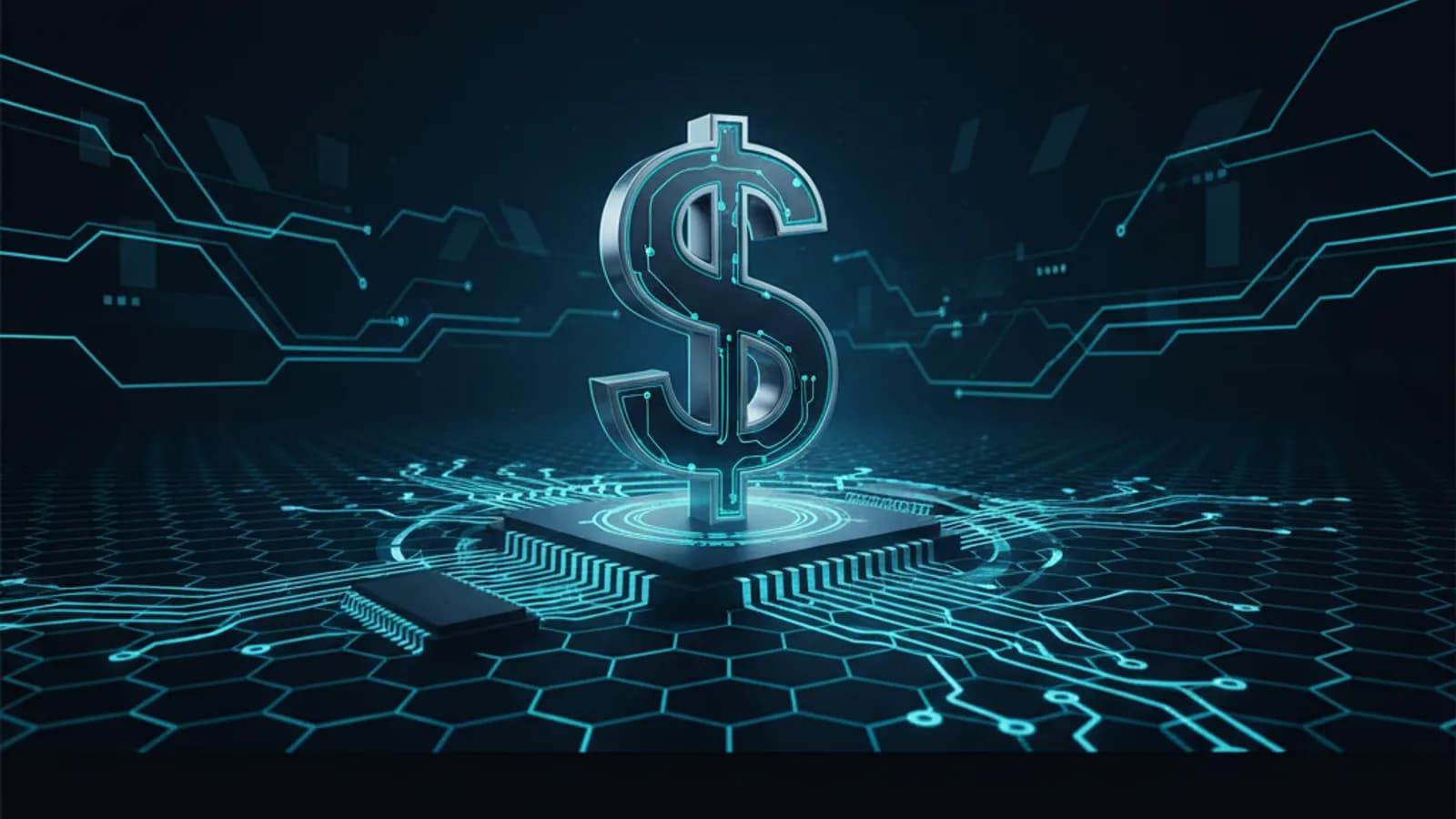 Mãos de uma pessoa segurando moedas de dólar e real, com um gráfico de barras financeiro subindo ao fundo