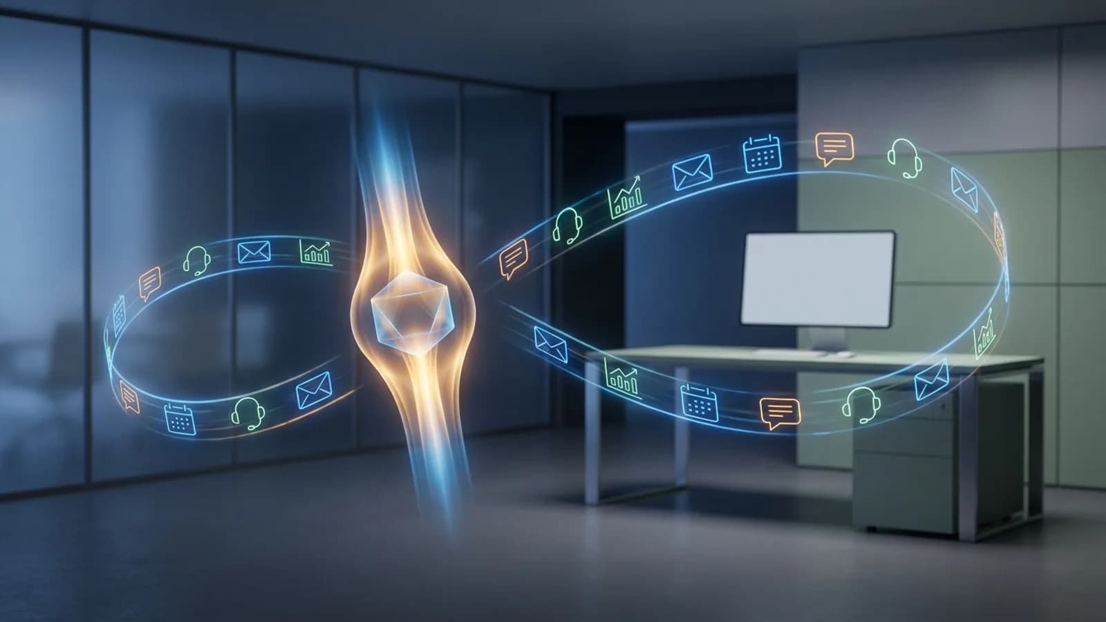 Representação visual de inteligência artificial ou robô trabalhando incessantemente, simbolizando sistemas agênticos 24/7 mais baratos que funcionários.