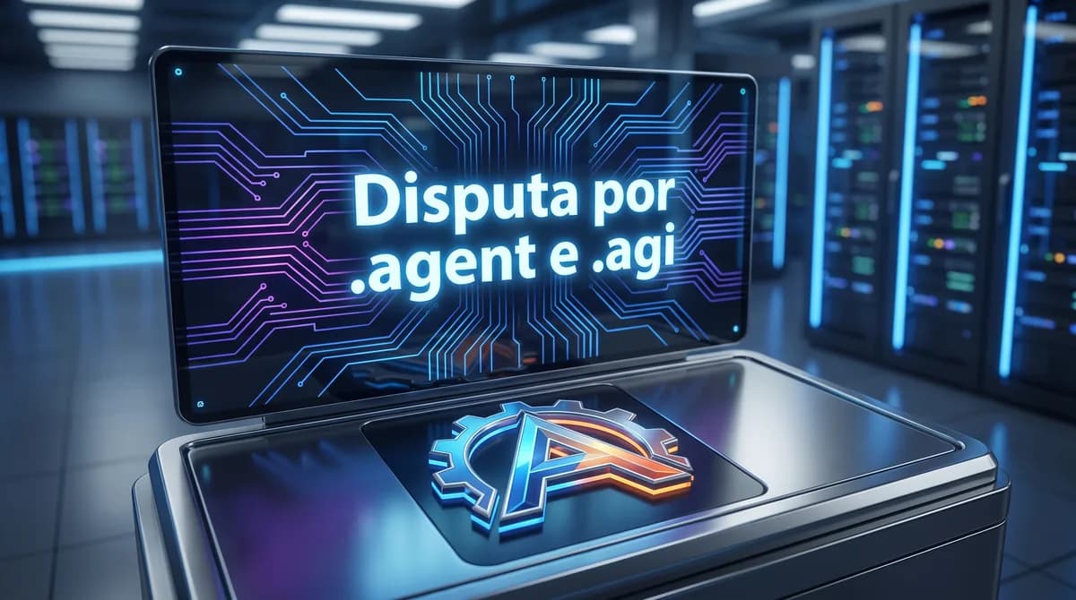 Ilustração digital de um globo com ícones de domínios (gTLDs) flutuando, destacando .agent, .agi e .ai, simbolizando a expansão da ICANN e a disputa por novos d