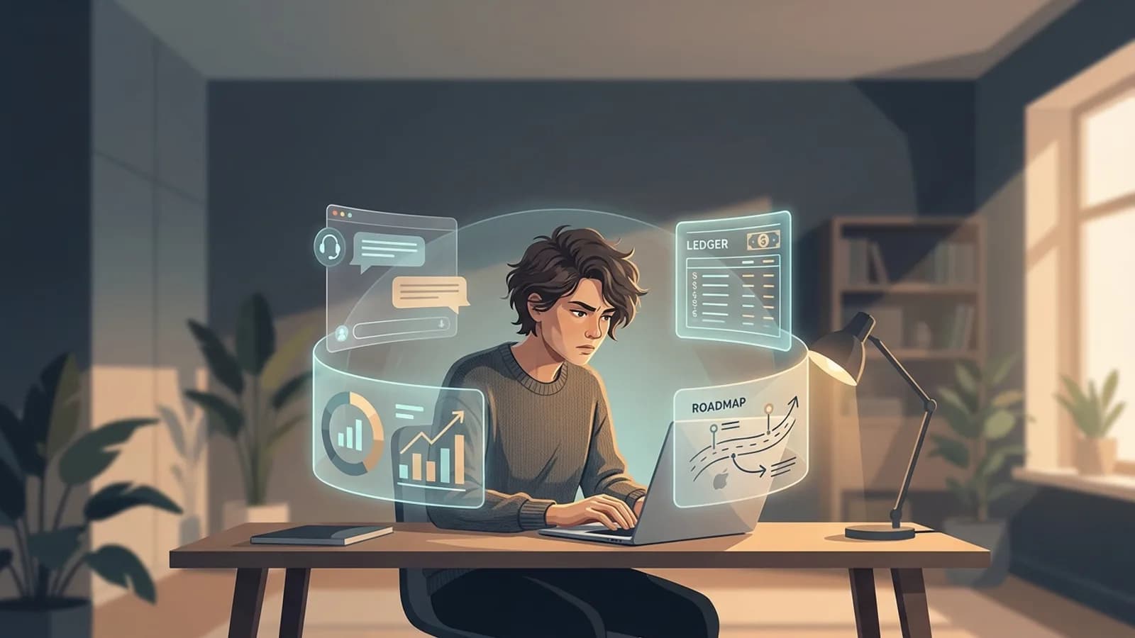 Ilustração de um desenvolvedor solo com vários chapéus, representando os múltiplos papéis e responsabilidades além da programação.