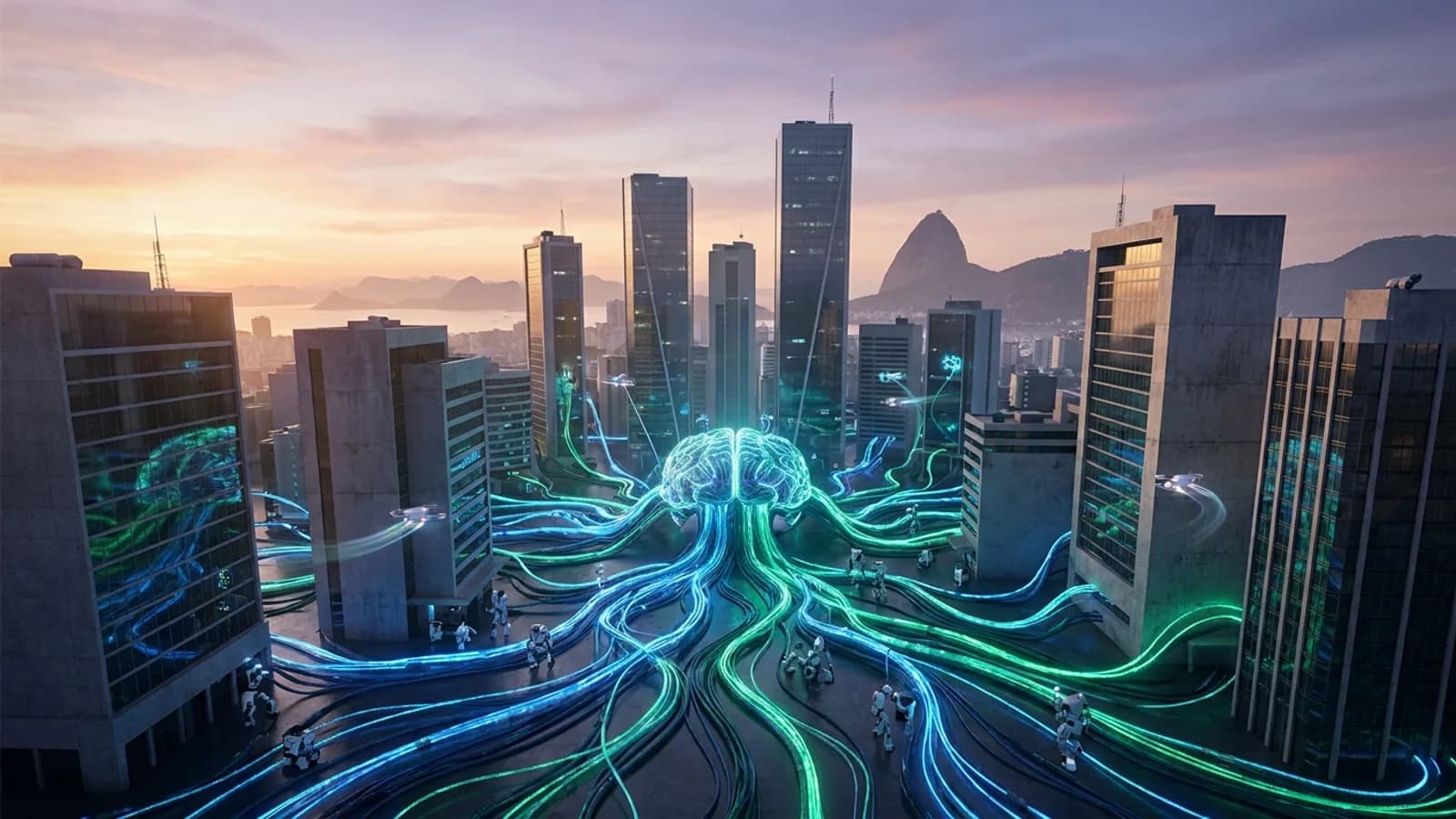Representação digital de inteligência artificial com elementos de rede neural e robótica, simbolizando inovação para startups no Brasil em 2026.