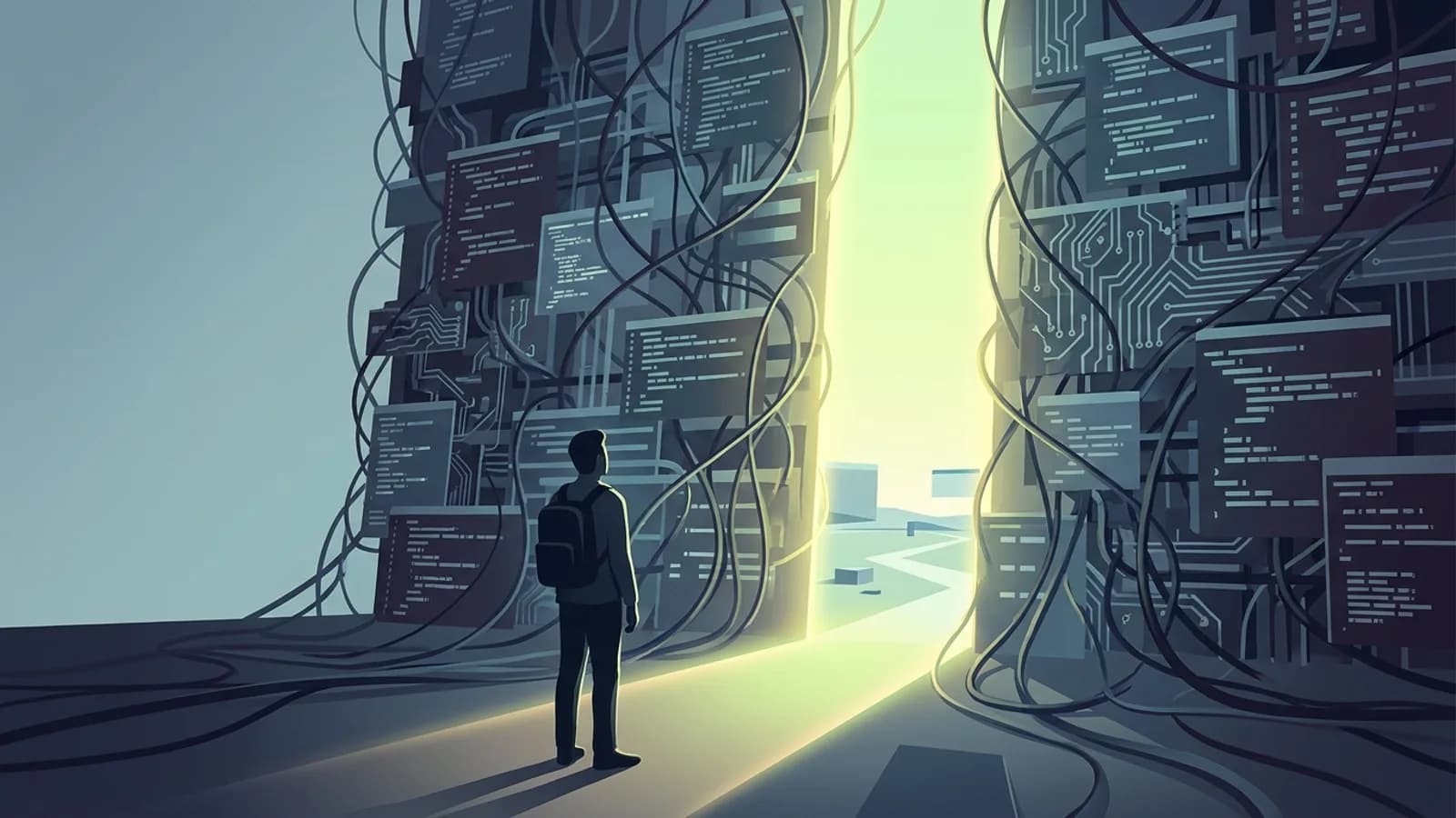 Desenvolvedor frustrado em frente ao computador, com código na tela, ilustrando a dificuldade de resolver problemas técnicos sozinho.