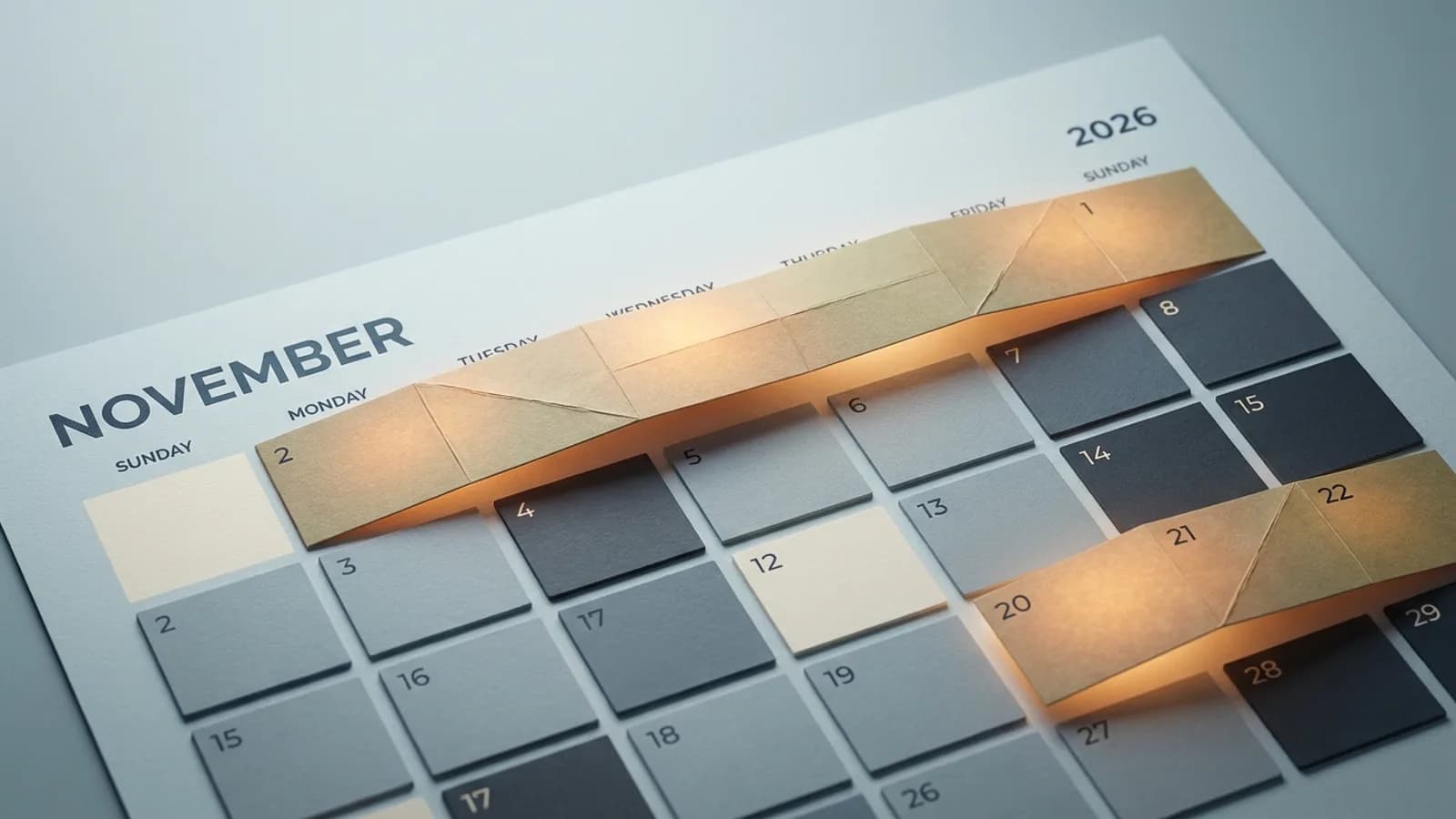 Calendário de novembro de 2026 destacando os feriados de Finados (dia 2) e Consciência Negra (dia 20) com marcações de fim de semana prolongado.