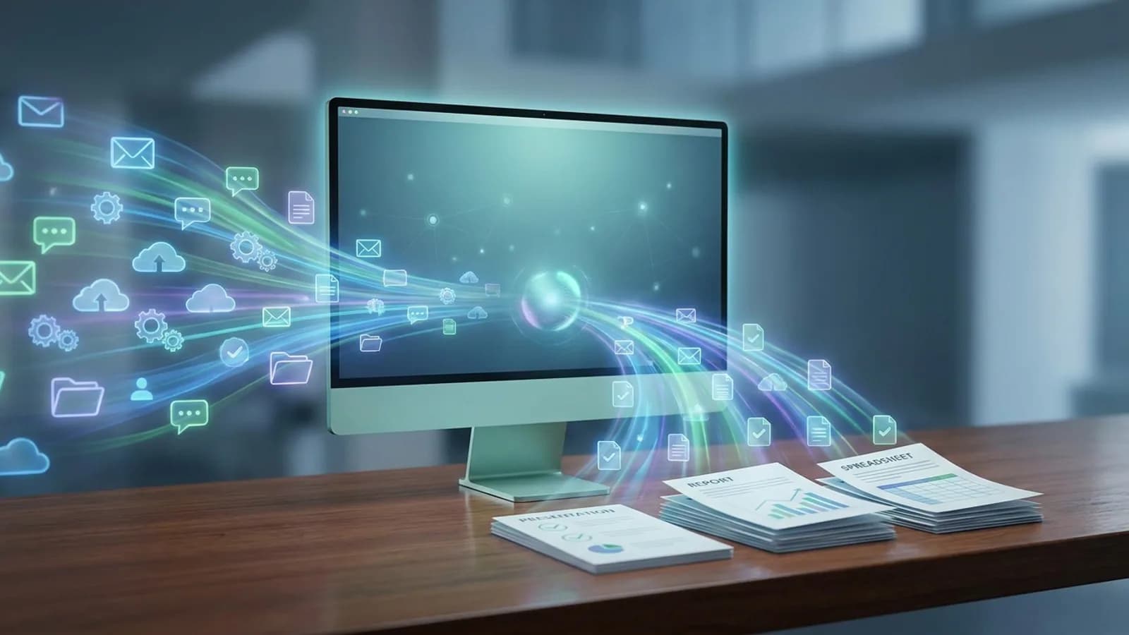 Representação visual do ChatGPT Work como um assistente digital que automatiza tarefas administrativas, conectando-se a diversos aplicativos de escritório e ger