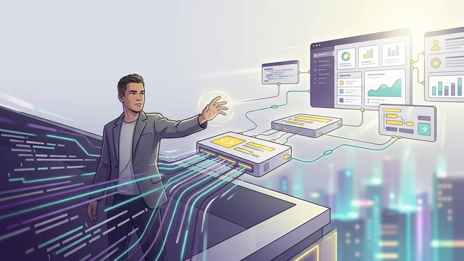 Desenvolvedor solo otimizando tarefas com blocos de low-code e símbolos de automação, representando eficiência e inovação digital.