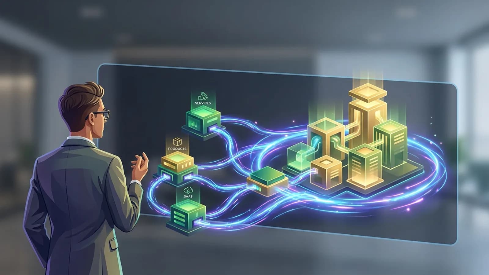 Pessoa em frente a múltiplas telas digitais, representando diversas fontes de renda impulsionadas por inteligência artificial e trabalho online.