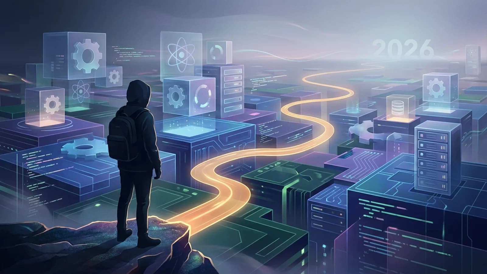 Ilustração de logos React, Next.js e Node.js interligados em um ambiente de código, simbolizando atualização e sinergia no desenvolvimento web.