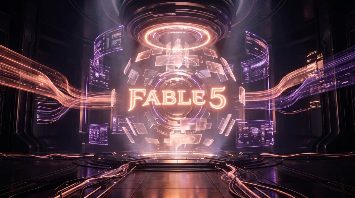 Logotipo do Claude Fable 5 com um fundo digital abstrato e elementos de código ou segurança cibernética, representando sua IA avançada e retorno.