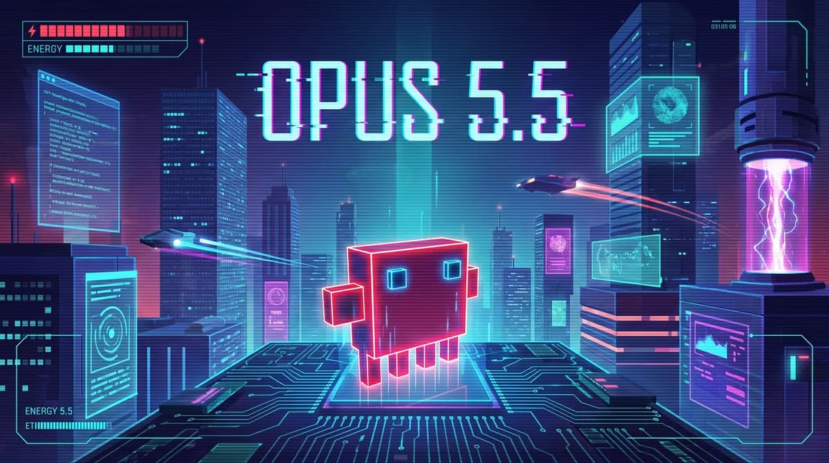 Interface digital futurista com o nome 'Claude Opus 5.5' e elementos gráficos que simbolizam velocidade, eficiência e inovação em IA.
