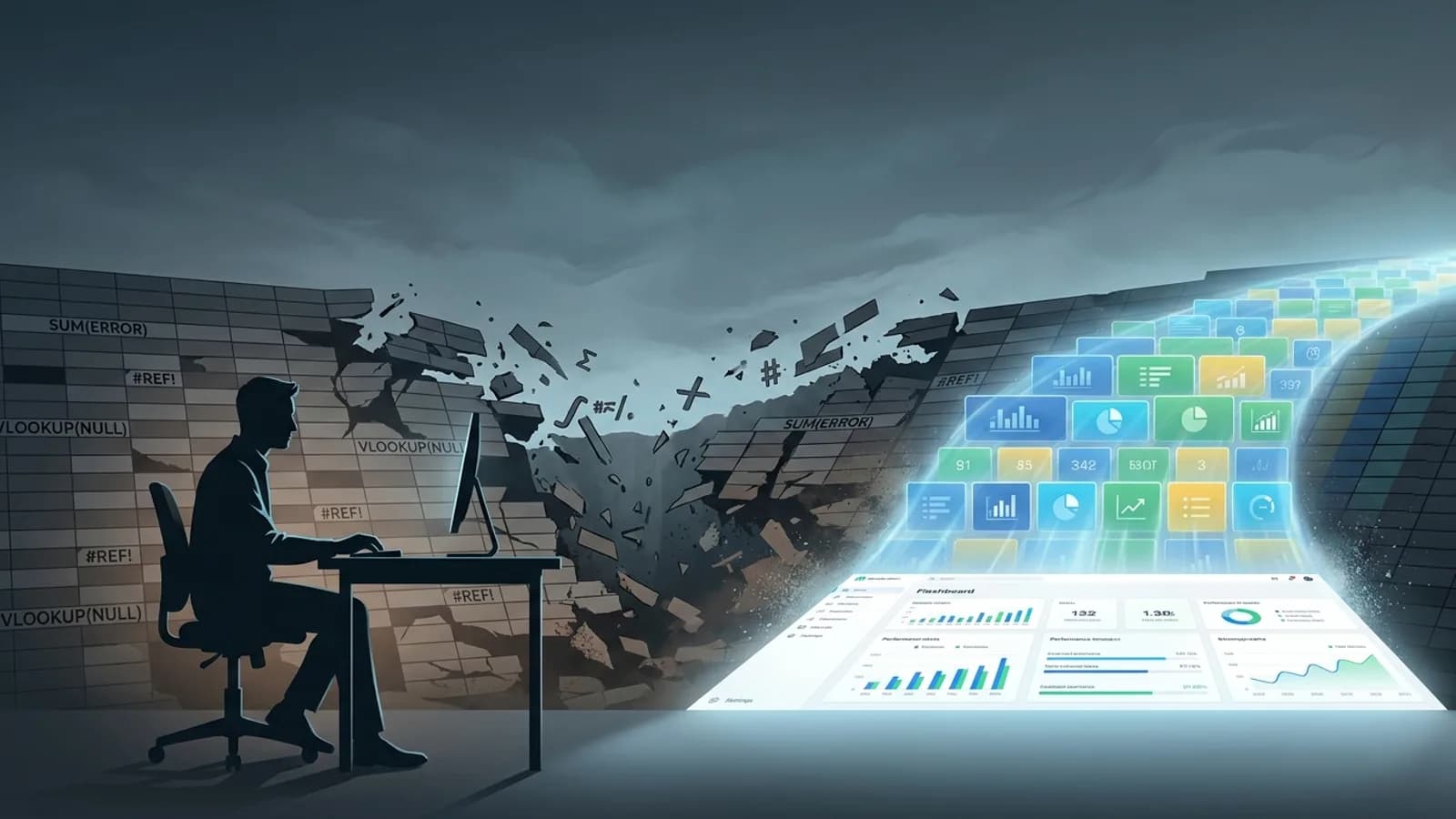 Um desenvolvedor de software frustrado olhando para planilhas financeiras complexas, com uma interface de sistema de gestão financeira organizada surgindo como