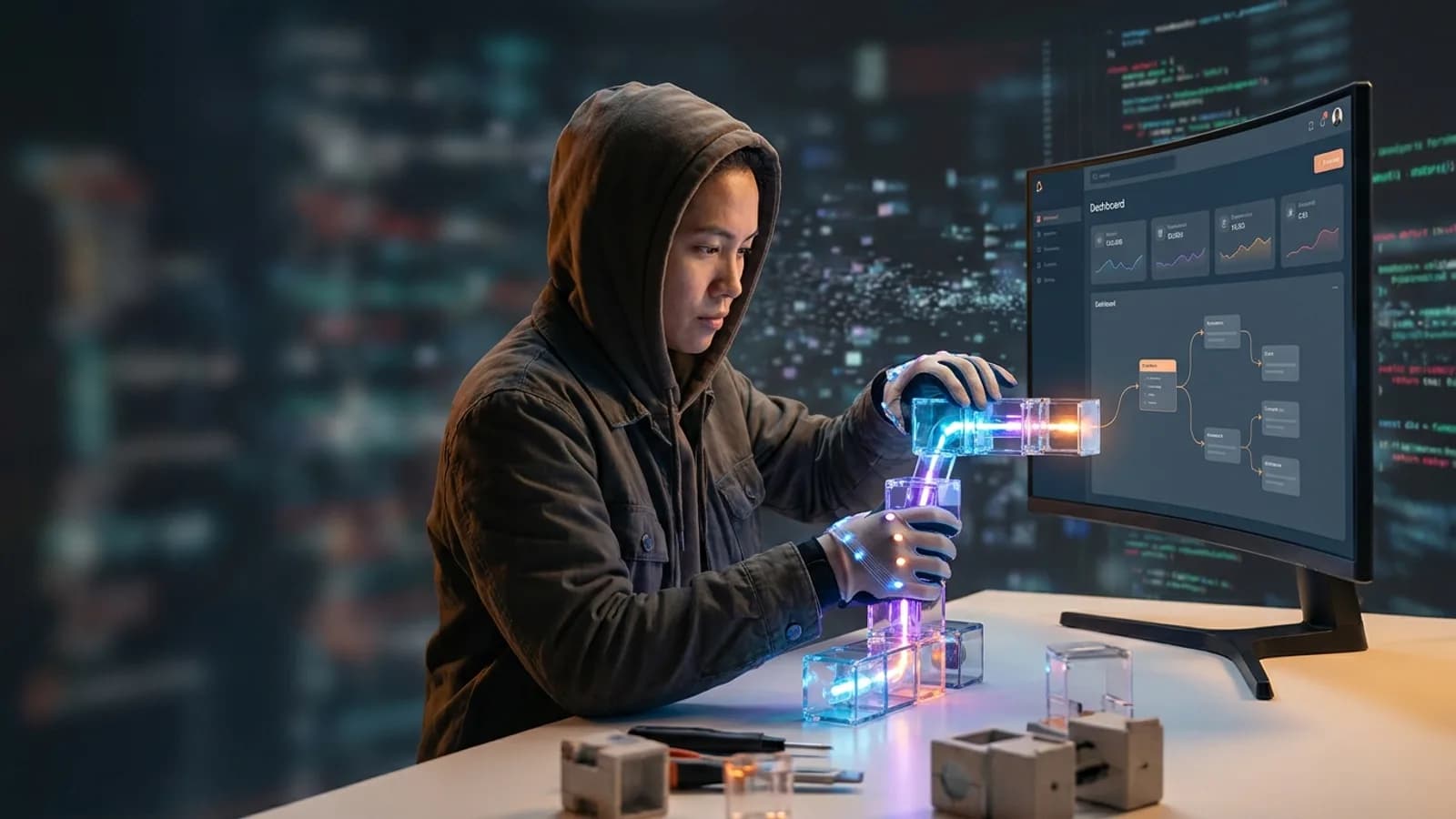 Desenvolvedor focado trabalhando em um laptop com ícones de inteligência artificial flutuando ao redor, simbolizando criatividade e produtividade.