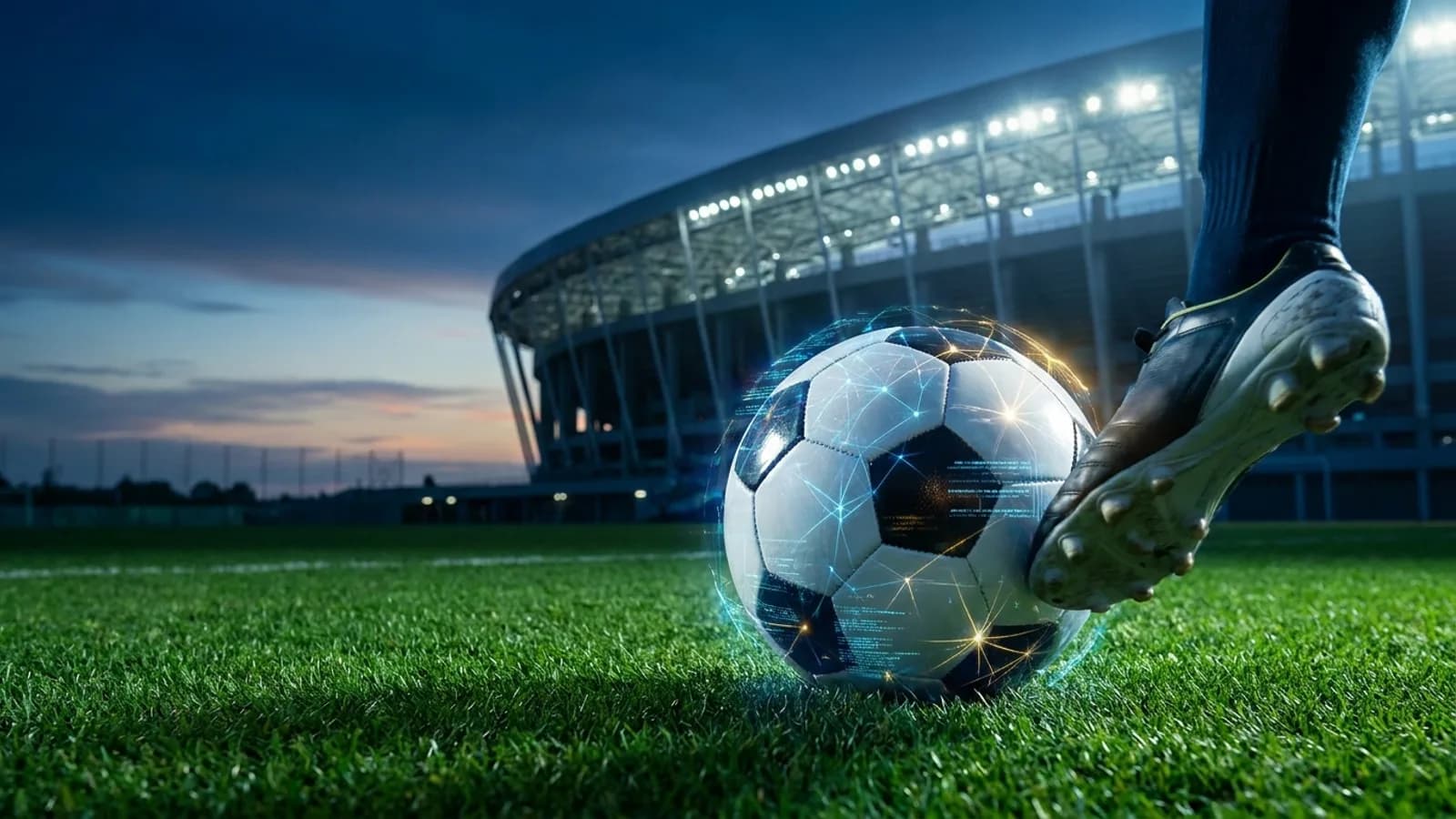 Campo de futebol com luzes futuristas e elementos de inteligência artificial em destaque, simbolizando a Copa do Mundo de 2026.