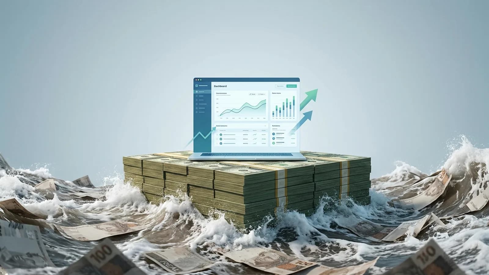 Pilha de notas de dólar em uma conta digital, com setas de crescimento e ícones de estabilidade, simbolizando a dolarização da receita para SaaS.