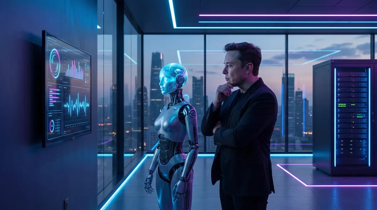 Representação visual da IA superando a inteligência humana, com elementos futuristas e cerebrais. Simboliza a previsão de Musk.