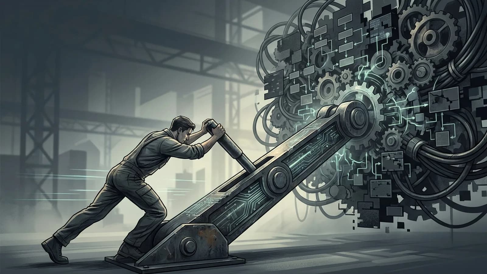 Mão empurrando uma alavanca tecnológica com elementos de IA, simbolizando a resolução de problemas para gerar valor e receita real.