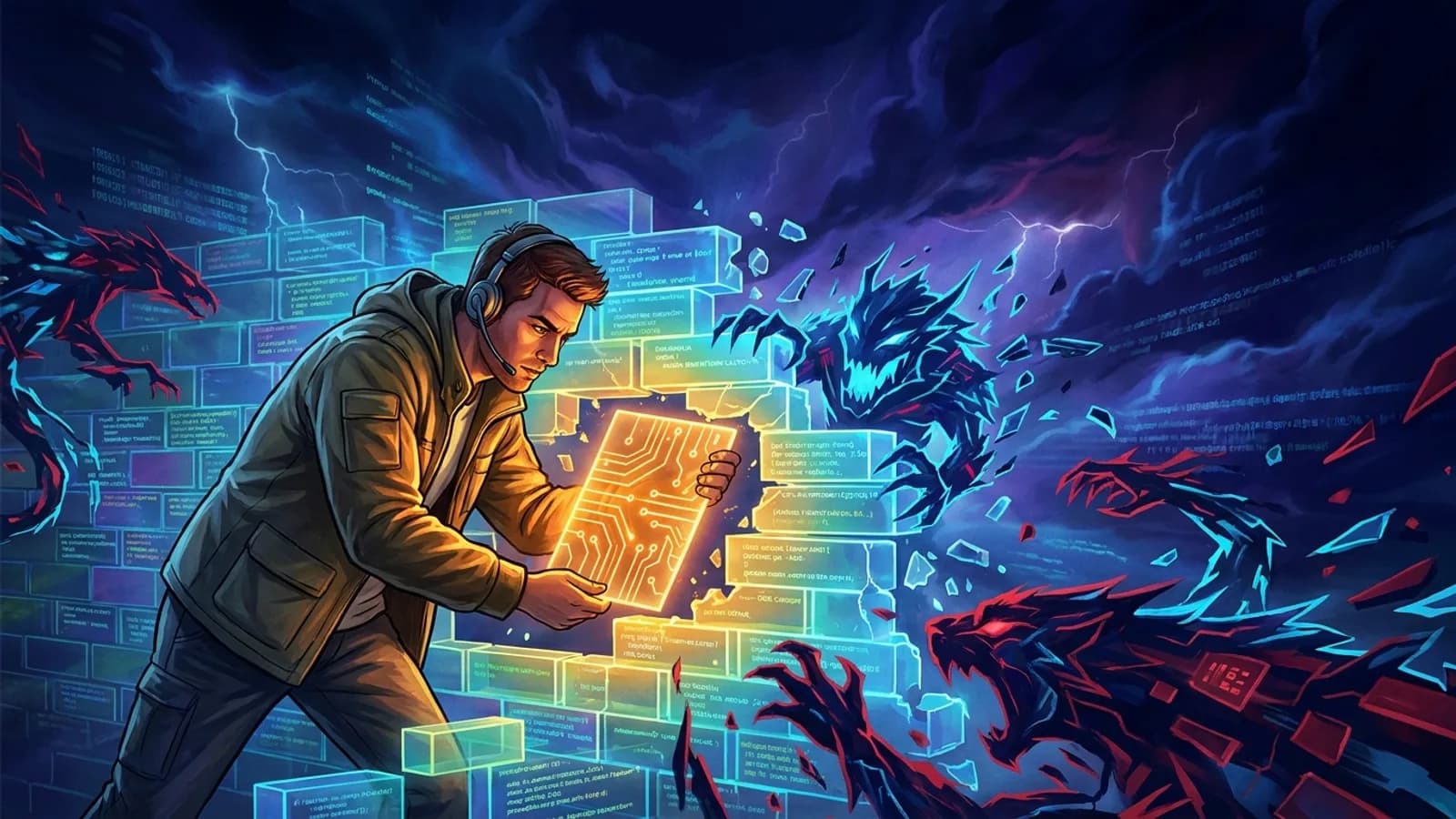 Desenvolvedor solo em frente a um painel de segurança digital, com ícones de ameaças como IA, ransomware e um escudo protetor.
