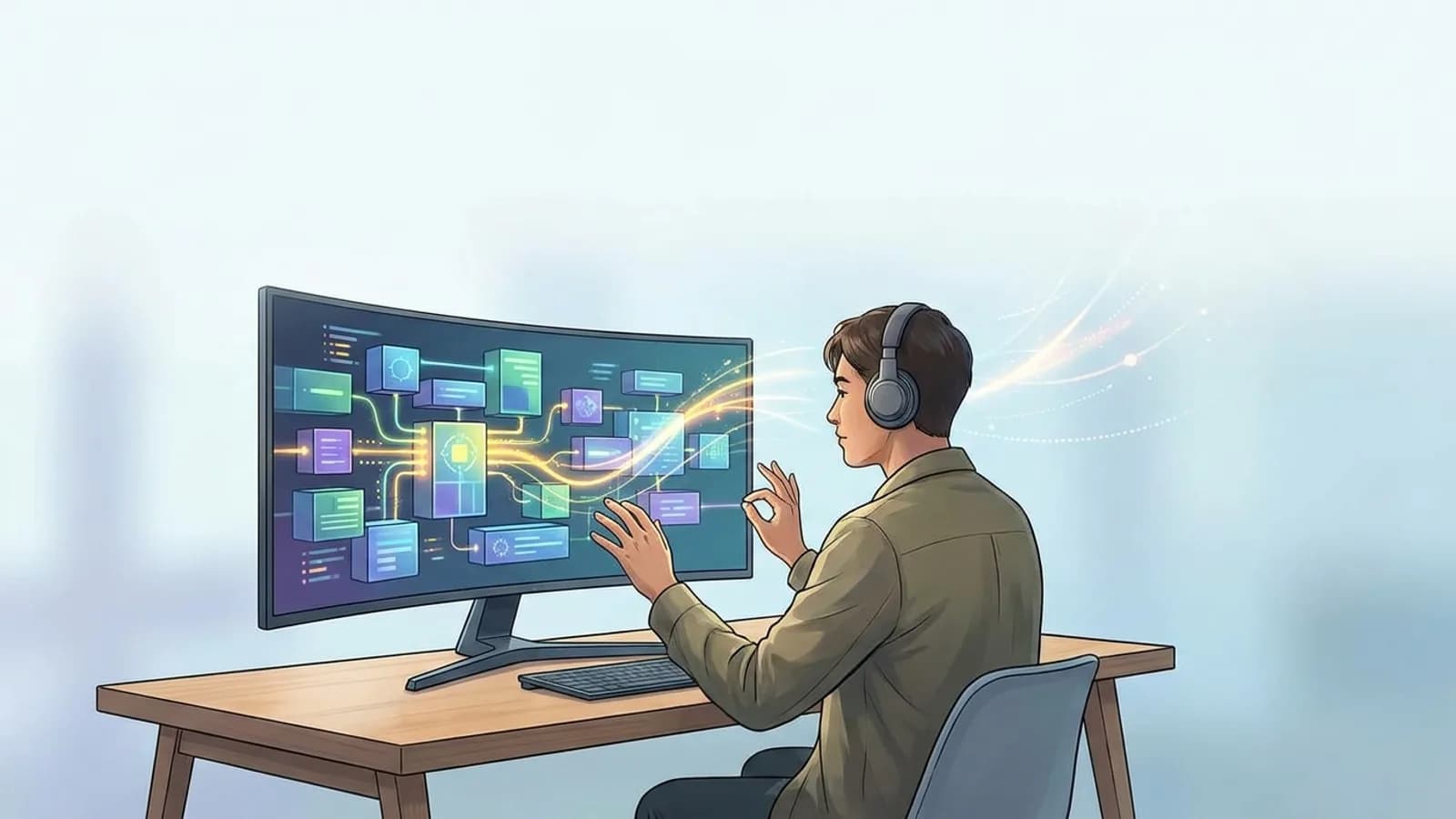 Pessoa usando ferramentas digitais com elementos de IA, automação e no-code/low-code flutuando ao redor, simbolizando otimização para desenvolvedor solo.